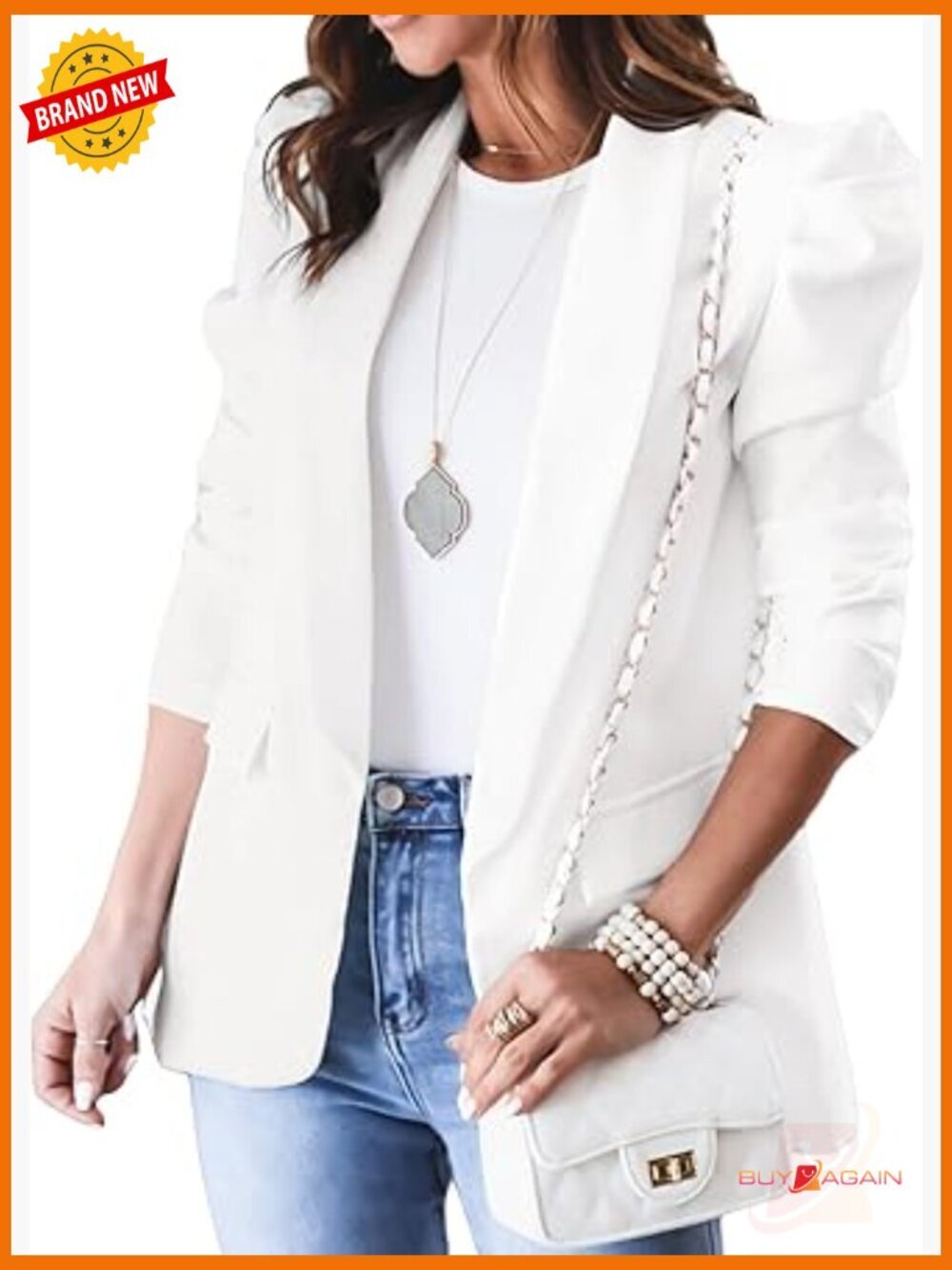 Puff Sleeve Open Front Blazer with Pockets Women Office Suit Jacket